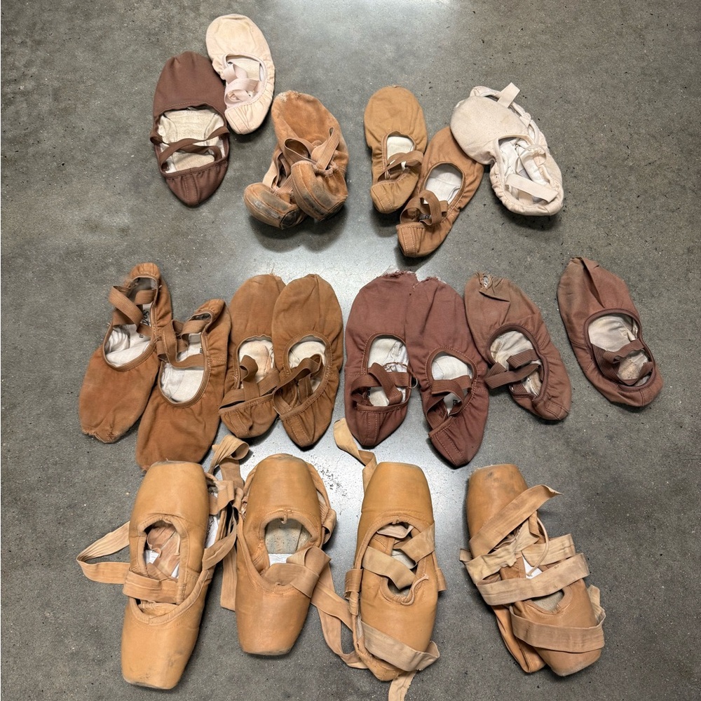 8 pairs of used pointe and flat shoes